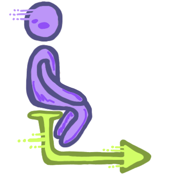 a purple figure with motion streaks coming from their head sits on a bent arrow that points forward. The bent arrow is green and has its own motion streaks. 